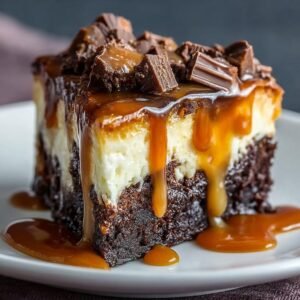 Gros plan d'une tranche de Cheesecake Brownie au Caramel, nappée de sauce caramel et garnie de morceaux de chocolat.