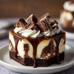 Gros plan d'un Cheesecake Brownie Fudge Chaud individuel, garni de crème fouettée, de chocolat fondu et de morceaux de chocolat.