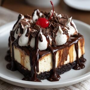 Gros plan d'une part de Cheesecake Brownie Hot Fudge, garnie de crème fouettée, copeaux de chocolat et cerise.