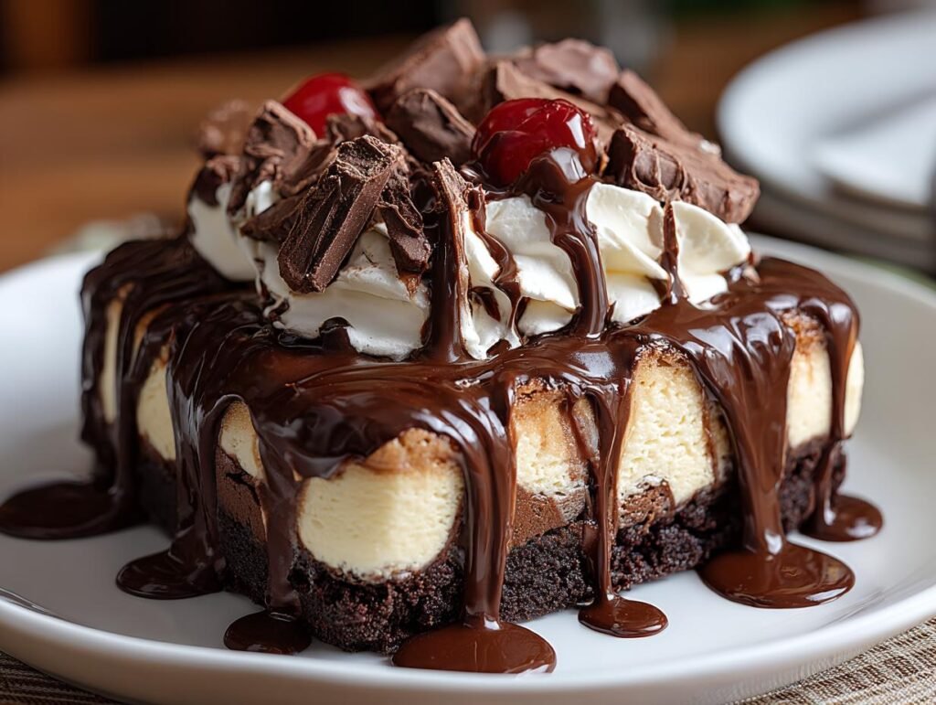 Gros plan d'un Cheesecake Brownie Hot Fudge dégoulinant de sauce au chocolat et garni de crème fouettée et de cerises.