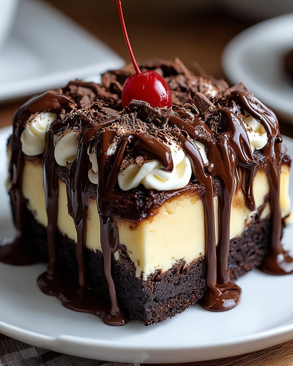 Gros plan d'une part de Cheesecake Brownie Hot Fudge, garnie de crème, de copeaux de chocolat et d'une cerise.