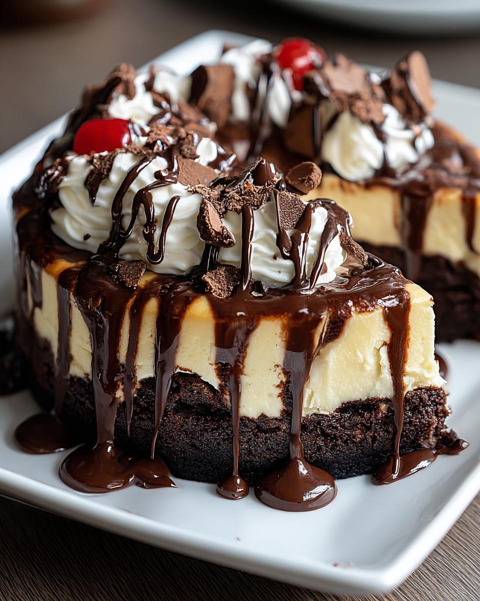 Gros plan d'une tranche de Cheesecake Brownie Hot Fudge, garnie de crème fouettée, de chocolat et de cerises.