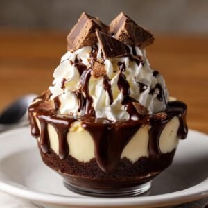 Cheesecake Brownie Sundae crémeux avec crème fouettée, sauce chocolat et morceaux de brownie.