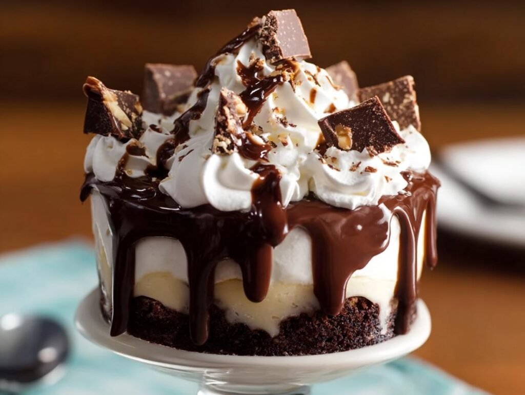 Gros plan d'un Cheesecake Brownie Sundae avec crème fouettée, sauce chocolat et morceaux de brownie.