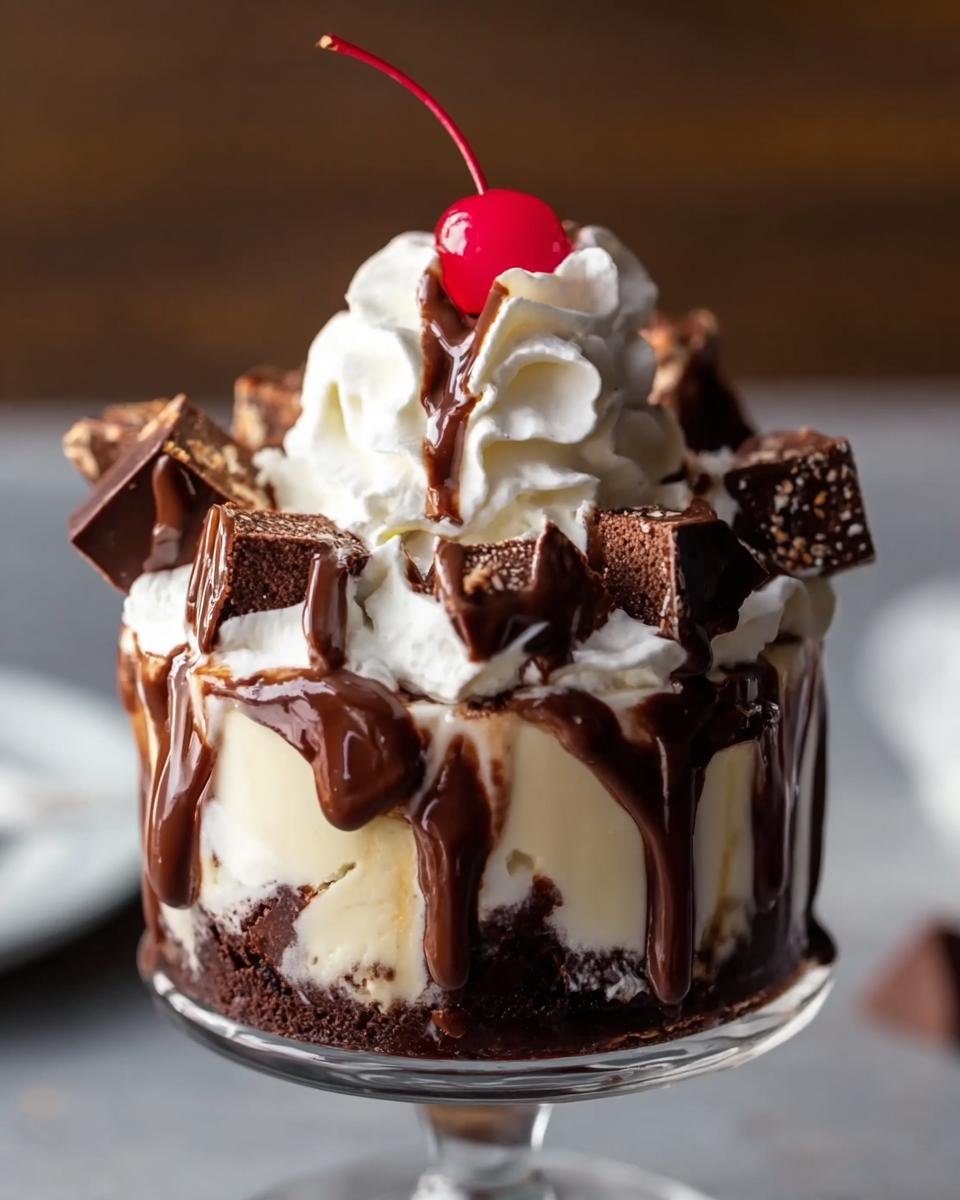 Gros plan d'un Cheesecake Brownie Sundae garni de crème fouettée, de sauce au chocolat et d'une cerise.