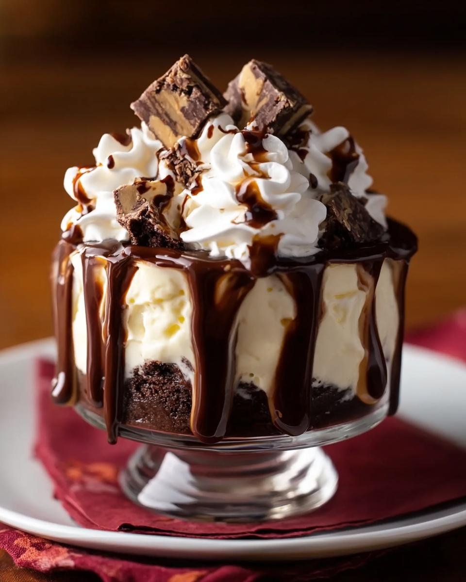 Gros plan d'un Cheesecake Brownie Sundae avec de la crème fouettée, du chocolat et des morceaux de brownie.
