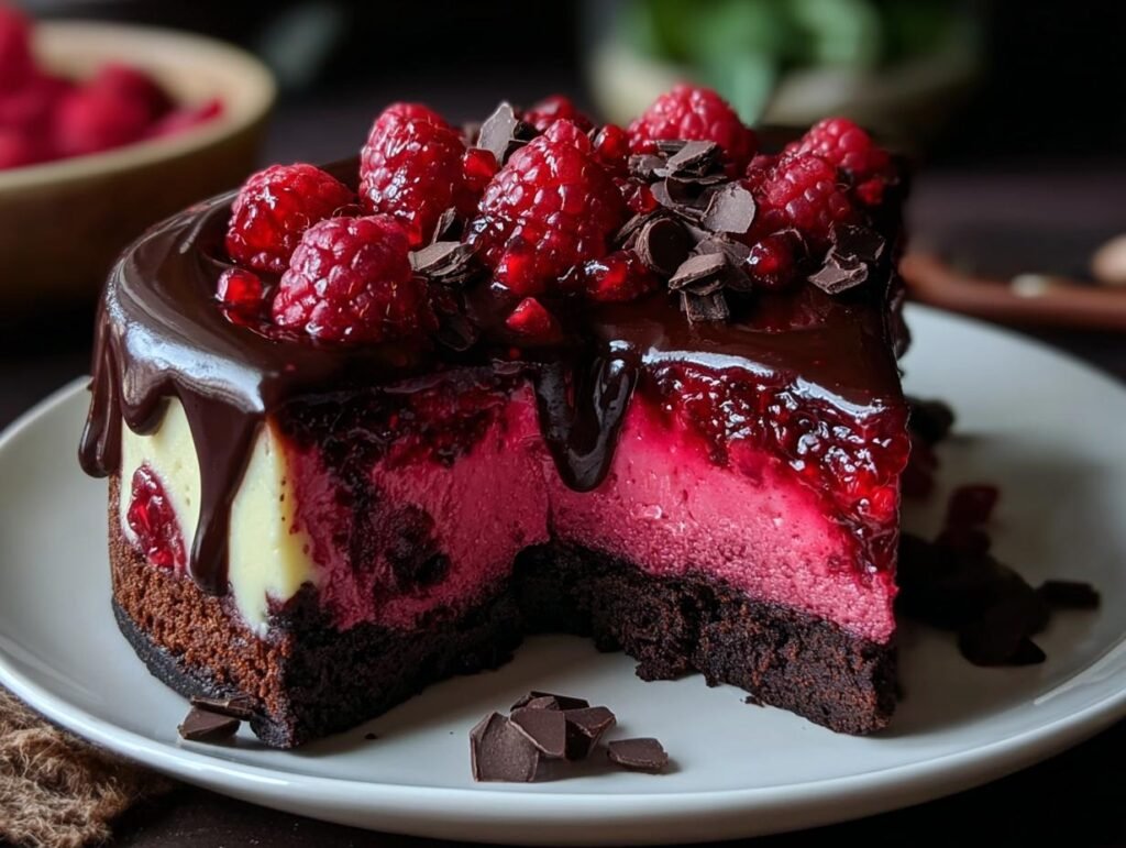Une part de cheesecake chocolat noir framboise sur une assiette blanche, garnie de framboises fraîches et de copeaux de chocolat.