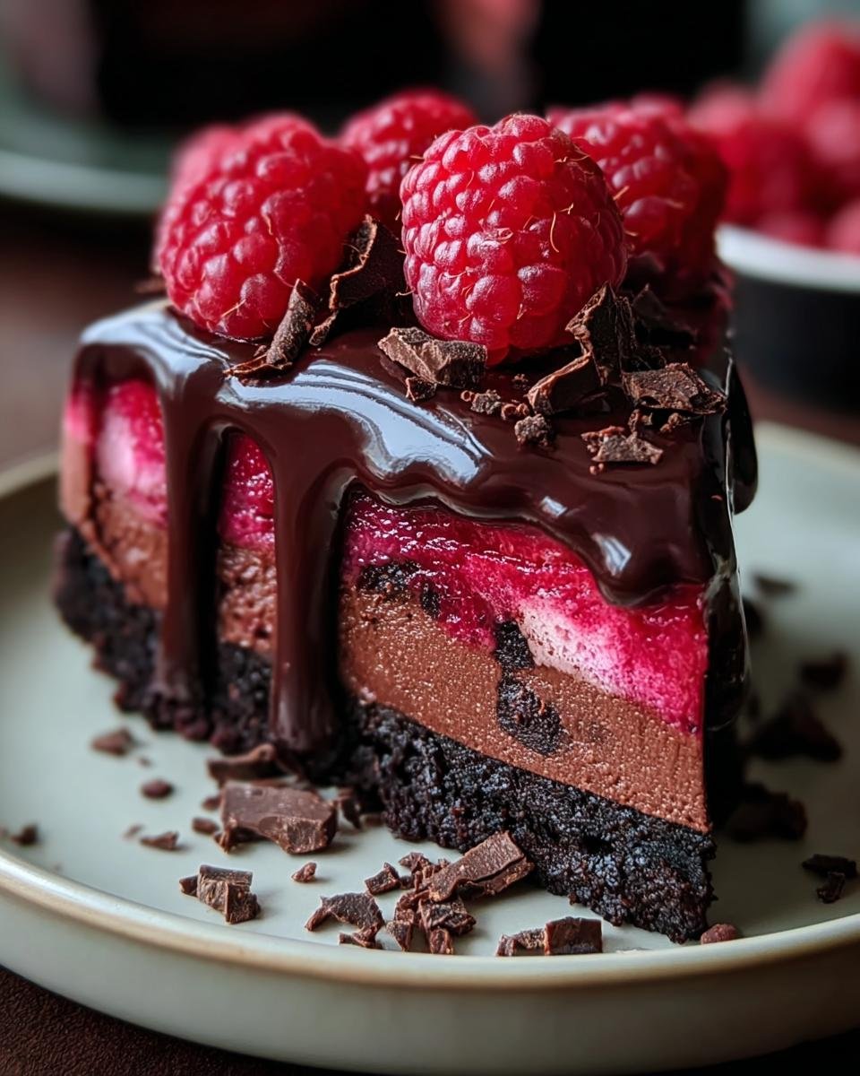 Gros plan d'une tranche de cheesecake chocolat noir framboise, garnie de framboises fraîches et de copeaux de chocolat.