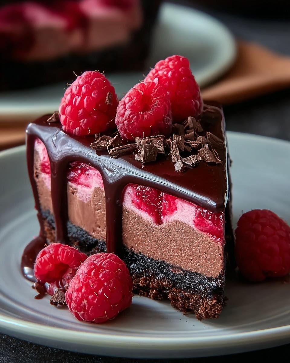 Gros plan d'une tranche de cheesecake chocolat noir framboise, garnie de framboises fraîches et de copeaux de chocolat.