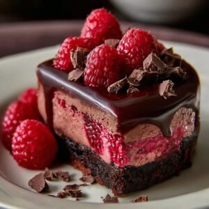 Gros plan d'une tranche de cheesecake chocolat noir framboise, garnie de framboises fraîches et de copeaux de chocolat.