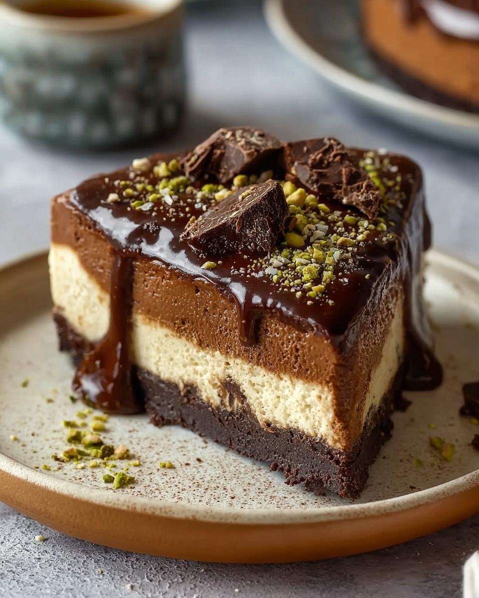 Gros plan d'une part de cheesecake au chocolat et tahini, garnie de chocolat noir et de pistaches concassées.