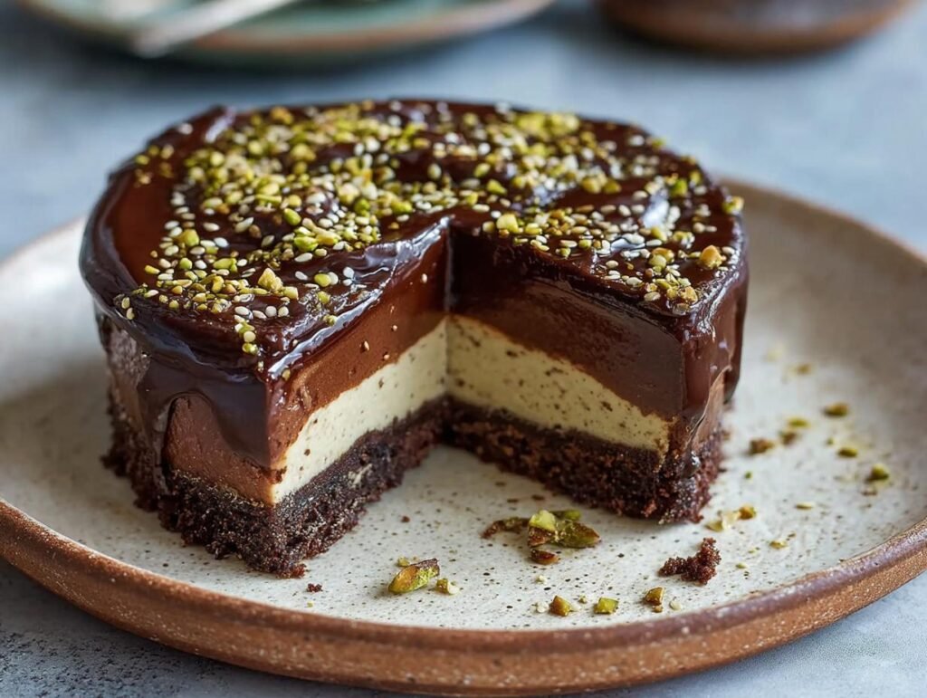 Gros plan sur une part de cheesecake au chocolat et tahini, garnie de pistaches concassées et de graines de sésame.