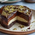 Gros plan sur une part de cheesecake au chocolat et tahini, garnie de pistaches concassées et de graines de sésame.