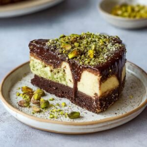 Gros plan d'une part de Cheesecake Chocolat Tahini Pistache, garnie de pistaches concassées et de glaçage au chocolat.