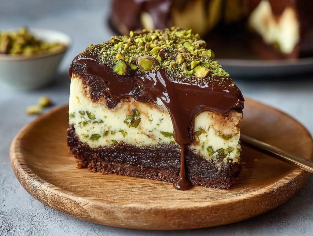 Gros plan d'une part de Cheesecake Chocolat Tahini Pistache sur une assiette en bois, garnie de pistaches concassées et de sauce au chocolat.