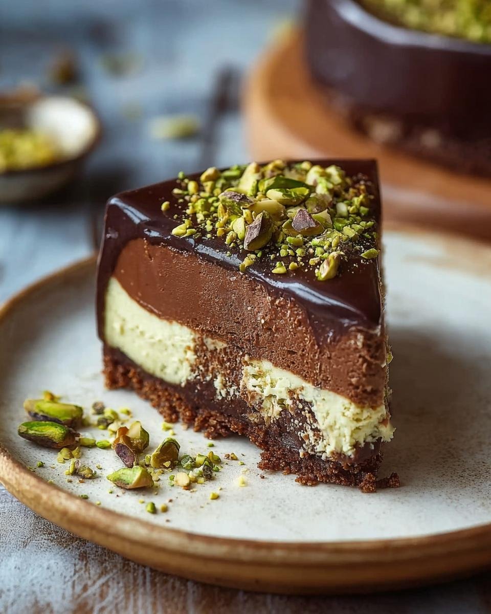 Gros plan d'une part de Cheesecake Chocolat Tahini Pistache, garnie de pistaches concassées et d'un glaçage brillant.
