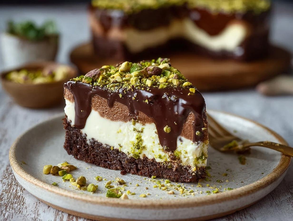 Gros plan d'une part de Cheesecake Chocolat Tahini Pistache onctueux, garnie de pistaches concassées et de sauce au chocolat.