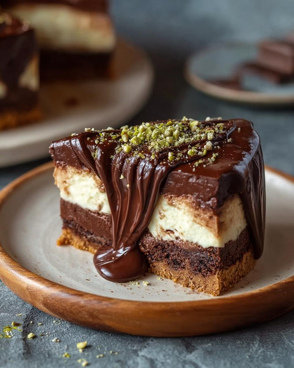 Gros plan d'une tranche de cheesecake au chocolat et tahini, nappée de chocolat et saupoudrée de pistaches.