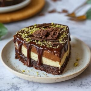 Gros plan d'une tranche de cheesecake au chocolat et tahini, garnie de chocolat et de pistaches concassées.