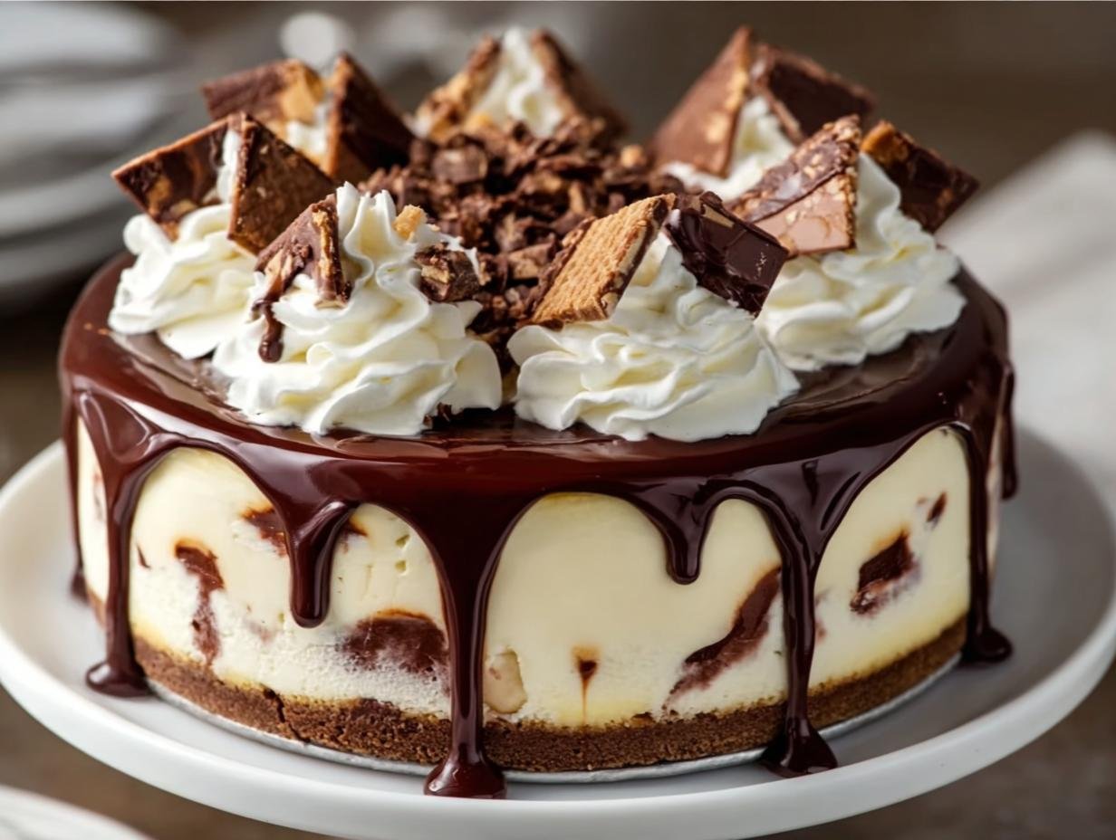 Gros plan d'un cheesecake Hot Fudge Sundae décoré de crème fouettée, de chocolat et de morceaux de gaufrette.