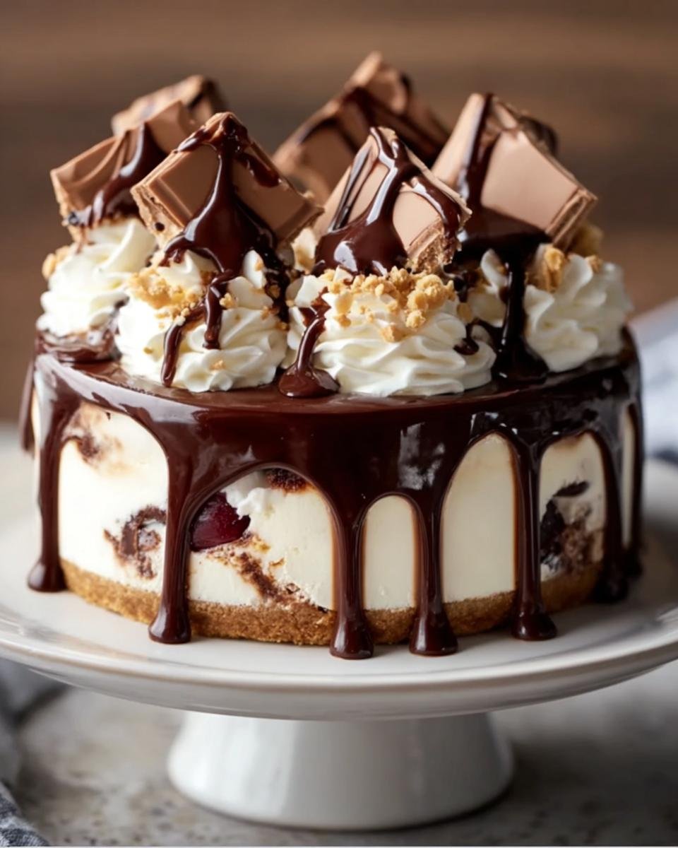 Gros plan d'un cheesecake Hot Fudge Sundae décoré de crème fouettée, de morceaux de chocolat et de sauce fudge.