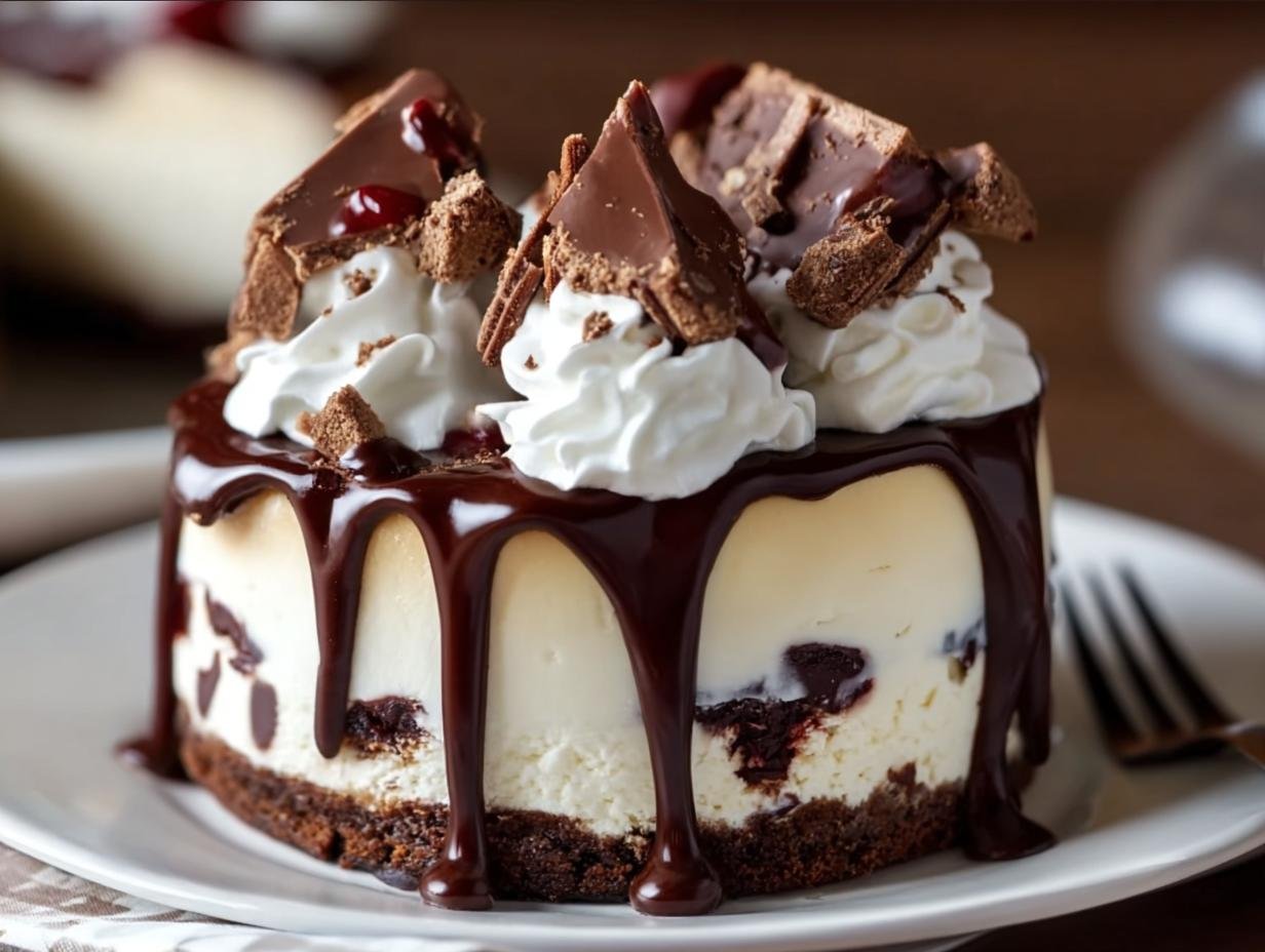 Gros plan d'un cheesecake Hot Fudge Sundae individuel garni de crème fouettée, de chocolat et de sauce au chocolat.