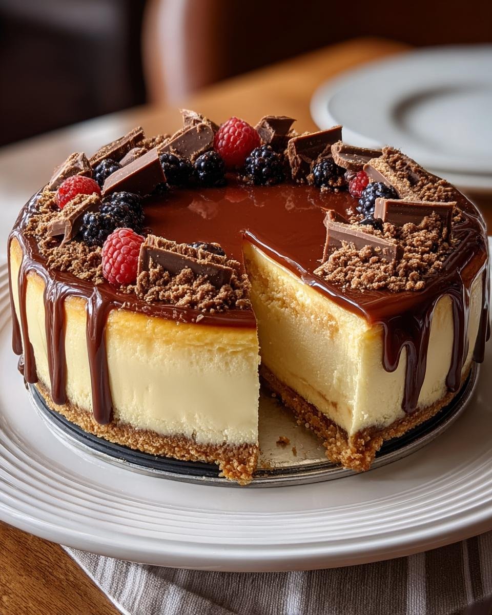 Gros plan d'un Cheesecake Millionnaire décoré de caramel, de chocolat, de framboises et de mûres.