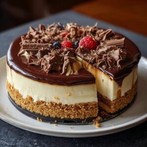 Gros plan d'un Cheesecake Millionnaire crémeux, garni de chocolat râpé, de framboises et de myrtilles.