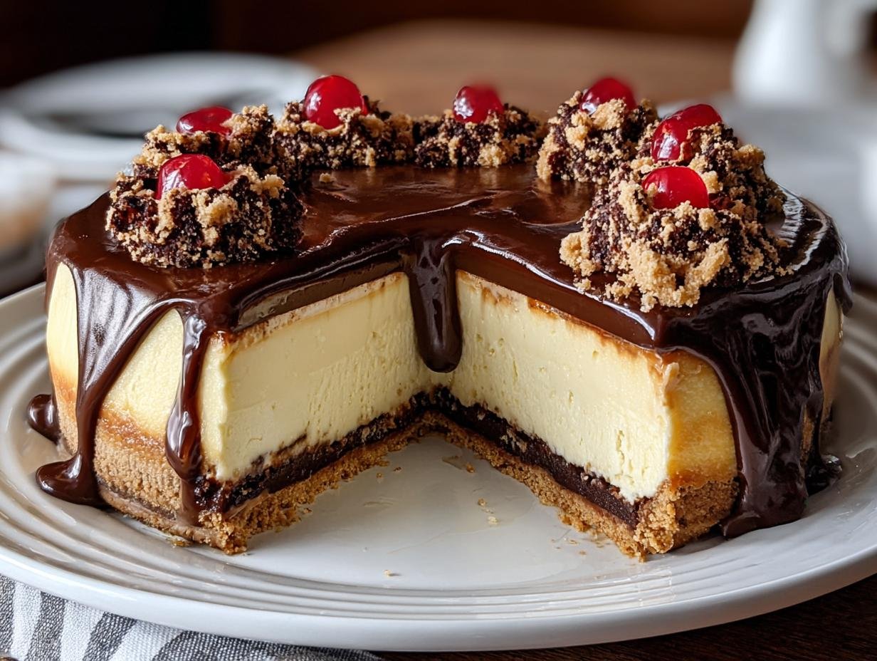 Gros plan d'une tranche de Cheesecake Millionnaire avec glaçage au chocolat brillant, garni de miettes et de cerises.