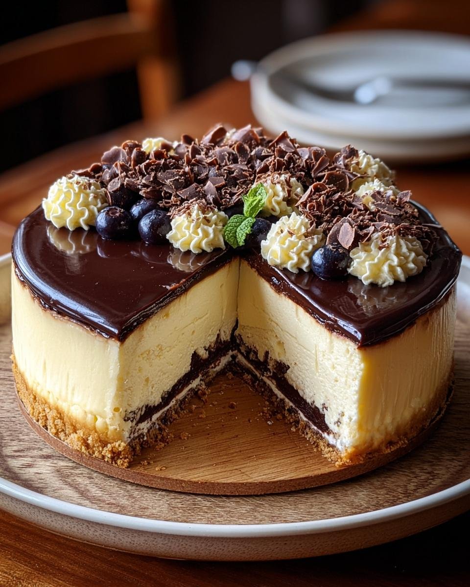 Cheesecake Millionnaire coupé, révélant des couches de biscuit, de chocolat et de crème, garni de chocolat râpé et de myrtilles.