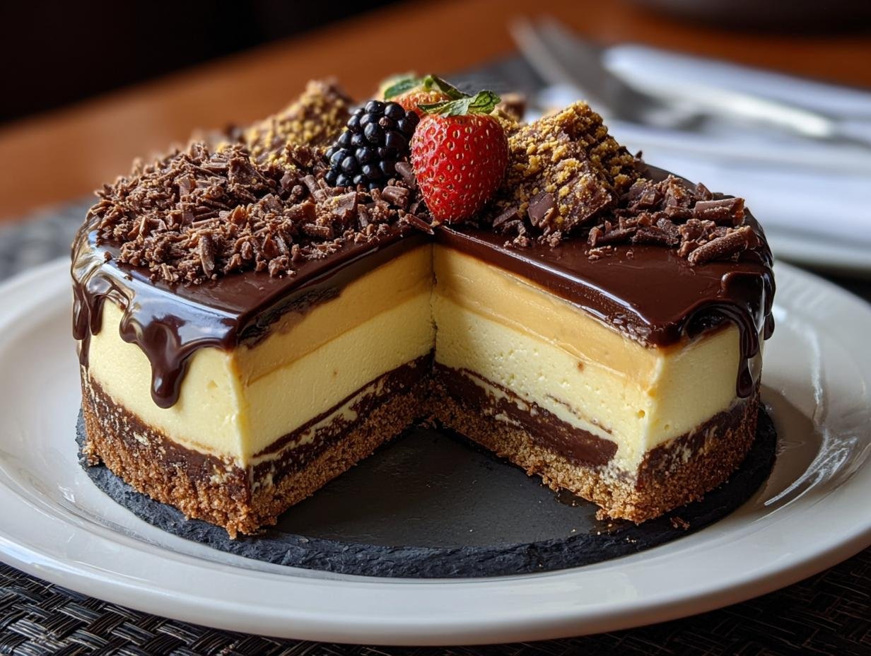 Gros plan d'une part de Cheesecake Millionnaire avec glaçage au chocolat, fruits rouges et éclats de caramel.