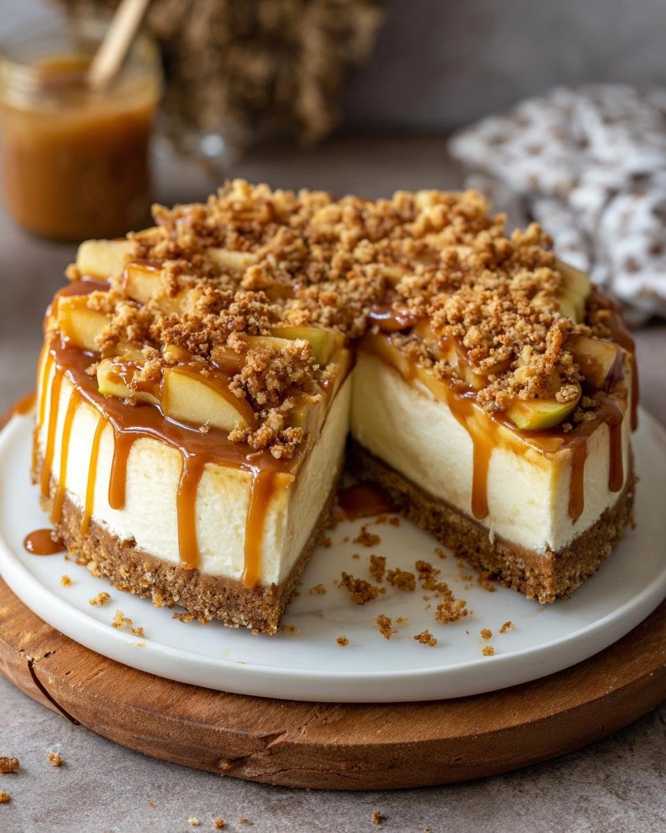 Gros plan d'une tranche de cheesecake aux pommes caramel salé, nappé de caramel et garni de crumble.