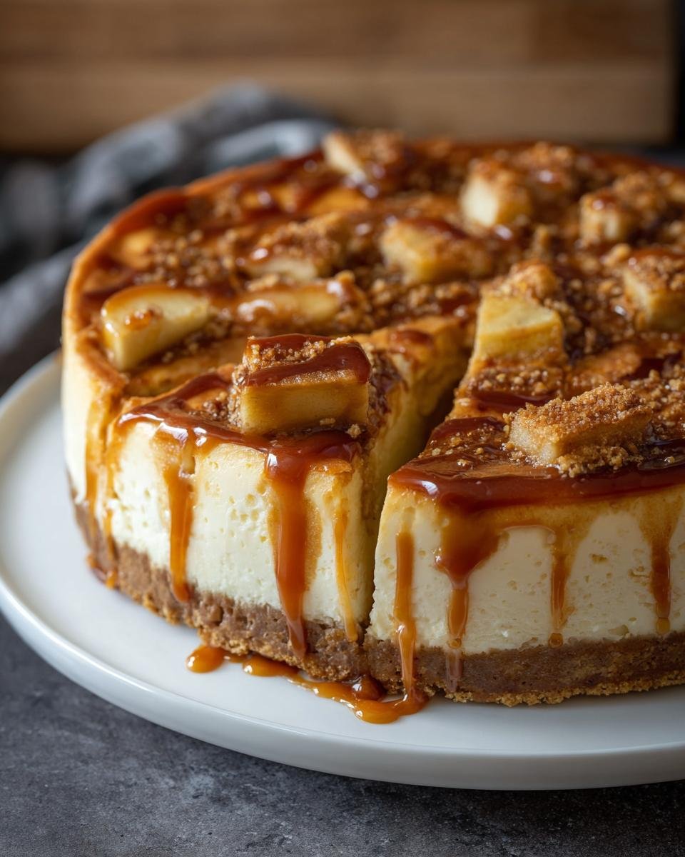 Gros plan sur un cheesecake aux pommes caramel salé, nappé de sauce caramel et garni de morceaux de pommes et de crumble.
