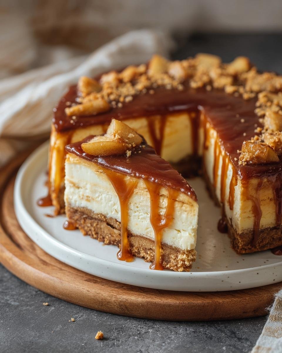 Une part de cheesecake aux pommes caramel salé, nappée de caramel et garnie de morceaux de pommes et de crumble.