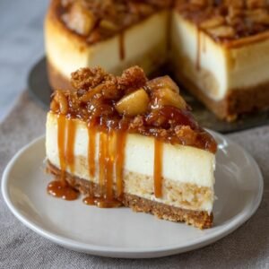 Gros plan d'une tranche de cheesecake aux pommes caramel salé, nappée de sauce caramel et garnie de morceaux de pommes.