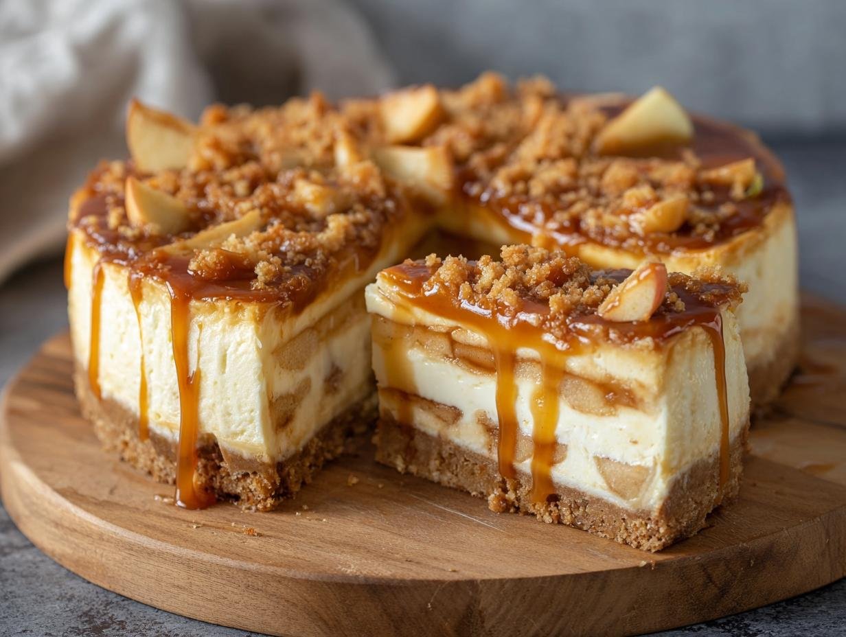 Gros plan d'une tranche de cheesecake aux pommes caramel salé, nappé de caramel coulant et garni de miettes et de morceaux de pomme.