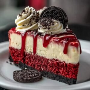 Gros plan d'une part de Cheesecake Red Velvet Oreo Facile, garnie de crème fouettée, de miettes d'Oreo et de coulis rouge.