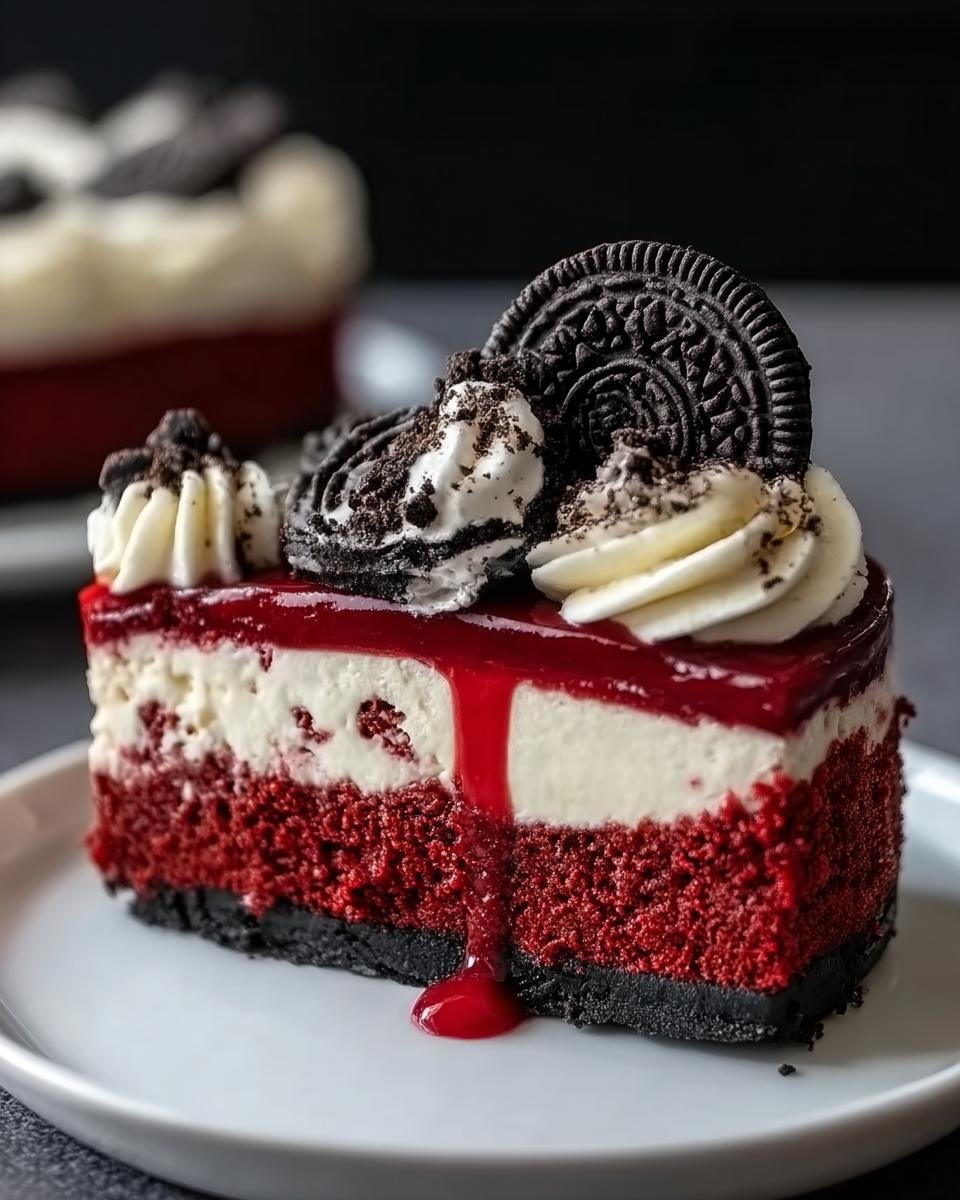 Gros plan d'une tranche de Cheesecake Red Velvet Oreo Facile, garnie de crème et d'un biscuit Oreo.