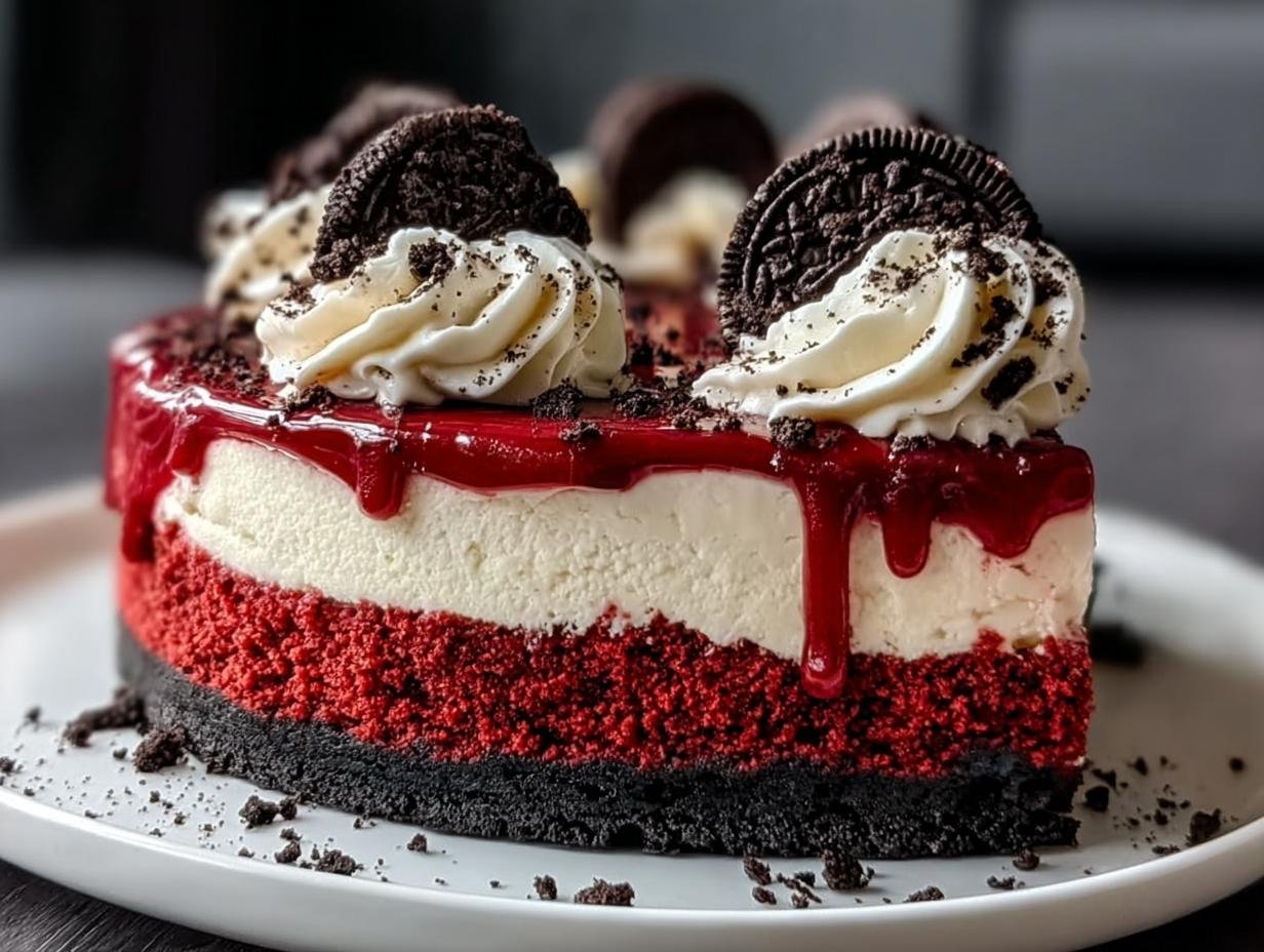 Gros plan d'une tranche de Cheesecake Red Velvet Oreo Facile, garnie de crème fouettée et d'Oreo.