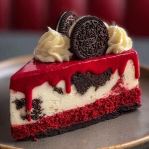 Gros plan d'une part de cheesecake Red Velvet Oreo rapide, garnie de crème et de biscuits Oreo.