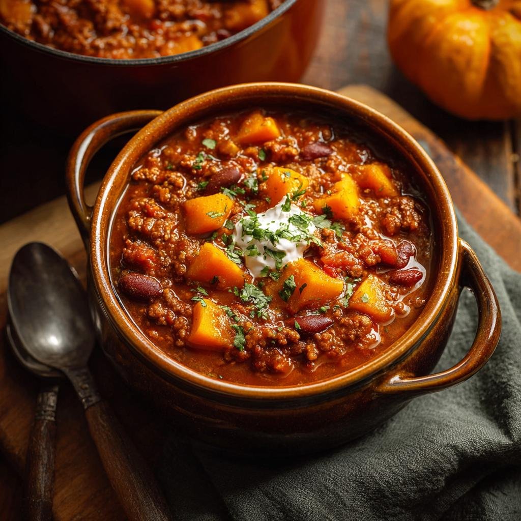 Un bol de chili à la citrouille garni de crème sure et de persil, avec des morceaux de citrouille et des haricots rouges.