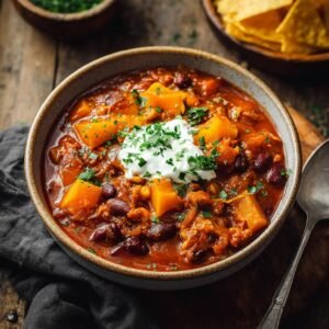 Gros plan d'un bol de chili à la citrouille copieux, garni de crème aigre et de persil frais.