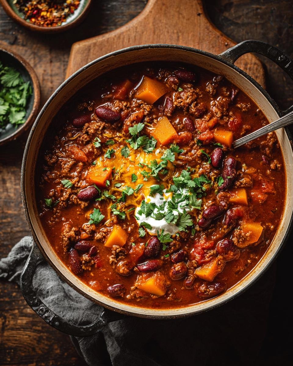 Gros plan d'un chili à la citrouille copieux dans une cocotte en fonte, garni de fromage râpé, de crème sure et de coriandre fraîche.