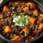 Gros plan d'un bol de chili patates douces haricots noirs, garni de crème aigre et de coriandre.