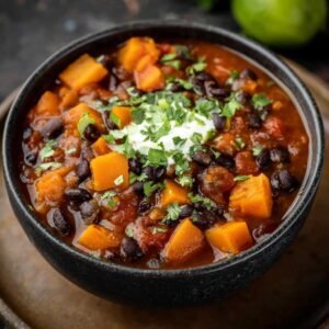 Gros plan d'un bol de chili patates douces haricots noirs garni de crème et de coriandre fraîche.