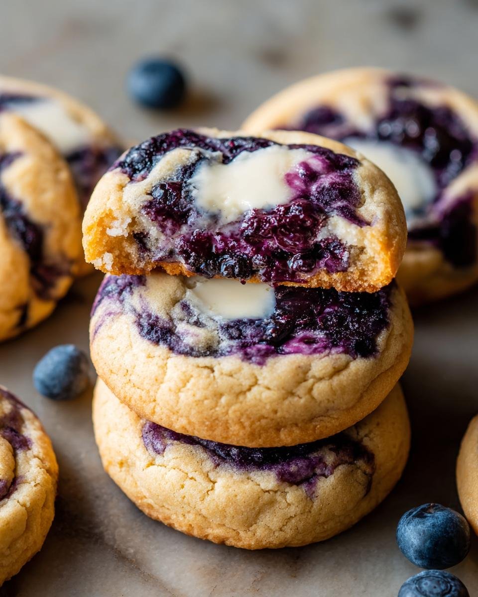 Gros plan sur des Cookies Cheesecake aux Myrtilles empilés, révélant leur cœur crémeux et leurs myrtilles juteuses.