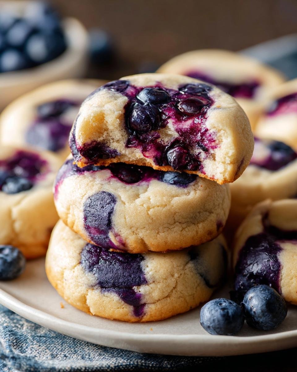 Gros plan sur une pile de cookies cheesecake aux myrtilles, un cookie est mordu, révélant le cœur fondant et les myrtilles.