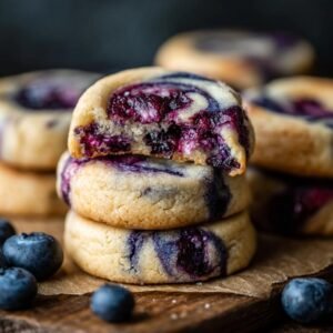 Gros plan sur une pile de Cookies Cheesecake Myrtilles, dont un est mordu, révélant le cœur aux myrtilles.