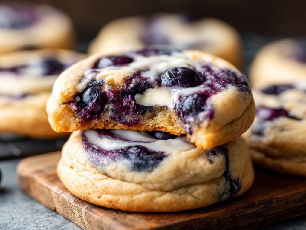 Gros plan sur des cookies cheesecake aux myrtilles empilés, avec des myrtilles éclatantes et un centre crémeux.