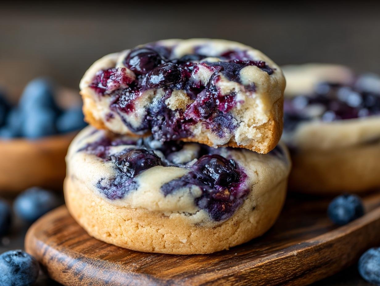 Gros plan sur des Cookies Cheesecake aux Myrtilles empilés, avec des myrtilles fraîches et un cœur crémeux visible.